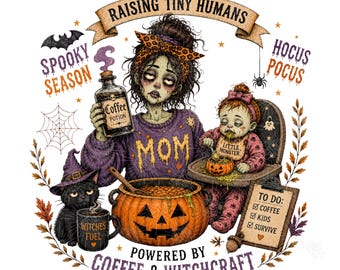 Zombie Mom Halloween PNG, Raising Tiny Humans Coffee Shirt Design (Instant Download)