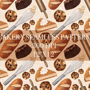 Baking Seamless Digital Pattern, Digital Paper, Cookie Patterns, Cake Backgrounds, Slice of cake seamless pattern, Bread Digital Paper