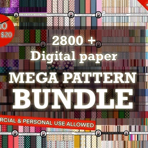 Op de afbeelding: Een mega-pakket met digitale papierpatronen met meer dan 2800 patronen. De afbeelding toont een verscheidenheid aan kleurrijke patronen, waaronder bloemen, geometrische en abstracte ontwerpen. De tekst "HUGE DISCOUNT 90% OFF" wordt weergegeven in een rode banner bovenaan de afbeelding. De tekst "$200 JUST ONLY $20" wordt weergegeven in een rode cirkel linksboven in de afbeelding. De tekst "2800+ Digital paper MEGA PATTERN BUNDLE" wordt weergegeven in grote witte letters in het midden van de afbeelding. De tekst "COMMERCIAL & PERSONAL USE ALLOWED" wordt weergegeven in witte letters onderaan de afbeelding.