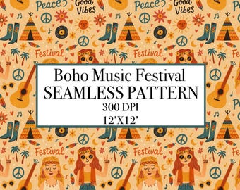 Boho Music Festival Seamless Pattern, Retro 70s Peace Love Digital Paper