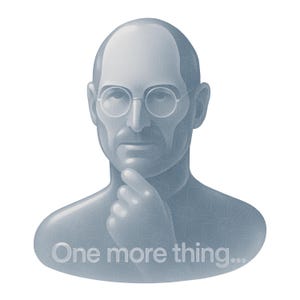 May include: A light blue illustration of a man wearing round glasses, with his chin resting on his hand. The text "One more thing..." is at the bottom. The image has a detailed, textured appearance and a white background.