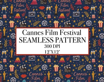 Cannes Film Festival Seamless Pattern, Movie Night Digital Paper (Digital Download)