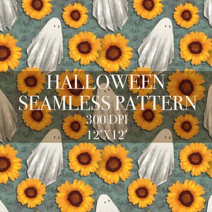 Halloween ghost and sunflowers seamless pattern, Spooky seamless pattern, Spooky ghost seamless pattern, Halloween sunflowers digital paper