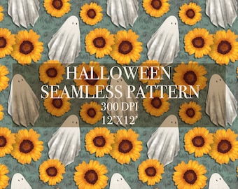 Halloween ghost and sunflowers seamless pattern, Spooky seamless pattern, Spooky ghost seamless pattern, Halloween sunflowers digital paper