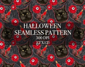 Gothic Halloween seamless pattern, Black cat seamless pattern, Spooky seamless pattern, Halloween digital paper, Spooky Rose digital pattern