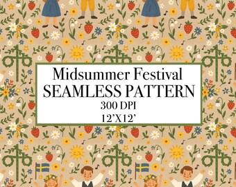 Scandinavian Midsummer Seamless Pattern, Nordic Folk Floral Digital Paper (12'x12')