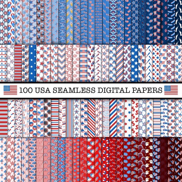 100 4th of july Seamless Digital Papers, independence day patterns, 4th july seamless, american seamless, patriotic digital, red blue white