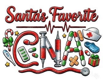 Może przedstawiać: Świąteczny projekt graficzny z napisem "Santa's Favorite CNA" w kolorze czerwonym, zawierający ilustracje medyczne. Zawiera strzykawki, pigułki, czapkę pielęgniarki i stetoskop, wszystko w świątecznym stylu.