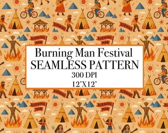 Burning Man Festival Seamless Pattern, Boho Desert Celebration Digital Paper