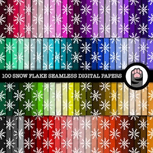 May include: 100 digital papers featuring a white snowflake pattern on a variety of colored backgrounds. The colors range from bright red, orange, yellow, green, blue, purple, and pink.