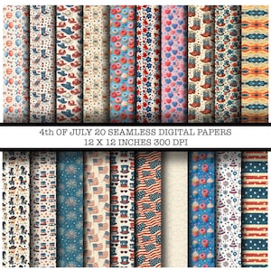 4th of July Digital Paper Bundle – 20 Seamless Patriotic Patterns – Red White Blue USA Printable Papers – 300 DPI – Instant Download