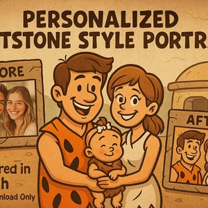 Custom Stone Age Style Portrait – Personalized Prehistoric Cartoon Drawing – Digital Download