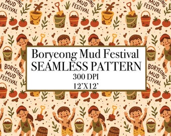 Boryeong Mud Festival Seamless Pattern, Kids Summer Mud Party Digital Paper