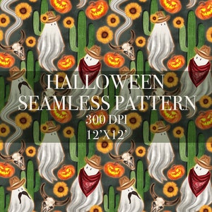 Halloween western ghost seamless pattern, Spooky seamless pattern, Spooky cowboy seamless pattern, Halloween cactus digital paper