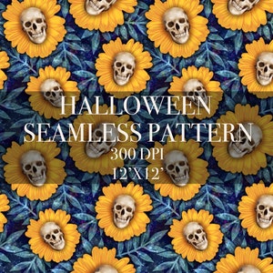 Halloween skull and sunflowers seamless pattern, Spooky seamless pattern, Spooky sunflowers seamless pattern, Halloween skull digital paper