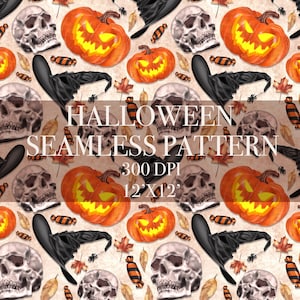 Halloween Witch seamless pattern, Skull seamless pattern, Spooky seamless pattern, Halloween digital paper,Pumpkin background, Fall digital
