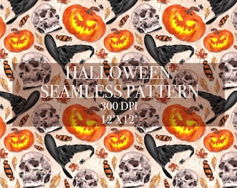 Halloween Witch seamless pattern, Skull seamless pattern, Spooky seamless pattern, Halloween digital paper,Pumpkin background, Fall digital