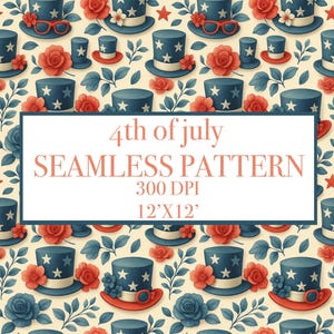 Floral Patriotic Hat Seamless Pattern – 4th of July Vintage USA Digital Paper – Red White Blue Flowers & Stars Background – Instant Download