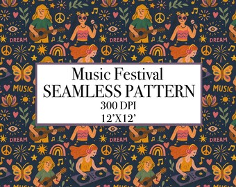 Boho Music Festival Seamless Pattern, Retro Indie Concert Digital Paper
