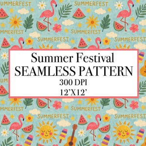 May include: A seamless pattern with a light blue background featuring pink flamingos, watermelon slices, smiling suns, guitars, and the text "Summer Festival". The pattern also includes flowers, ice pops, and the word "Summerfest".