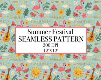 Flamingo Watermelon Seamless Pattern, Tropical Summer Digital Paper (300 DPI)