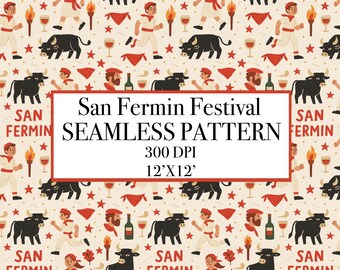 San Fermin Festival Seamless Pattern, Red White Fiesta Digital Paper (Digital Download)
