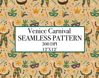 Venice Carnival Seamless Pattern, Jester Costume Digital Paper (12'x12')