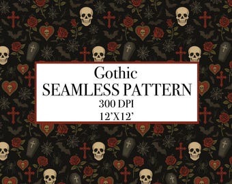 Gothic Skull & Rose Halloween seamless pattern, gothic halloween digital paper, skull rose pattern Design