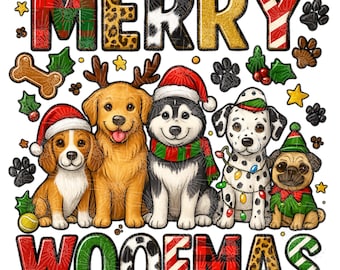 Merry Woofmas PNG – Christmas Dog Breed Clipart, Cute Holiday Puppies Sublimation, Festive Pet Lover Design