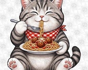 Spaghetti Cat PNG, Pasta Lover Kitty Sublimation Design, Meatball Cat Graphic