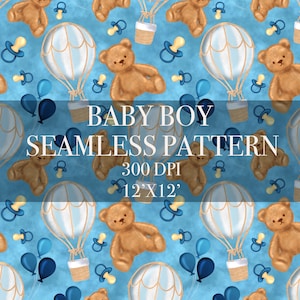 Baby Boy Seamless Digital Pattern, Teddy Bear Digital Paper, Baby shower Patterns, Baby Boy Backgrounds, Blue Background