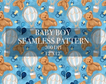 Baby Boy Seamless Digital Pattern, Teddy Bear Digital Paper, Baby shower Patterns, Baby Boy Backgrounds, Blue Background