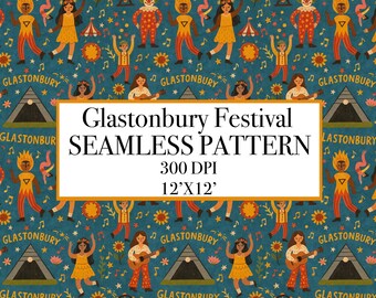 Glastonbury Festival Seamless Pattern, Boho Music Digital Paper (12'X12')