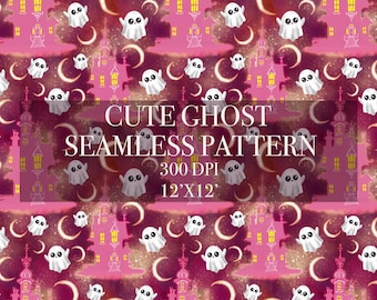 Halloween Cute Ghost and Castle seamless pattern, Spooky seamless pattern, Spooky seamless pattern, Halloween digital paper, Castle pattern