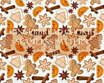 May include: A seamless pattern featuring gingerbread cookies, including a gingerbread house, gingerbread man, and gingerbread tree, along with orange slices, cinnamon sticks, and star anise. The pattern is on a white background and is 300 DPI, 12x12 inches.