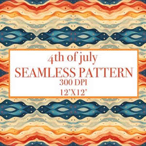 Puede incluir: Patrón sin costuras con temática patriótica. El diseño presenta rayas onduladas en rojo, blanco, azul y amarillo, con detalles de estrellas. El texto "4th of July SEAMLESS PATTERN" se muestra en un recuadro. El patrón mide 30,48 cm x 30,48 cm.