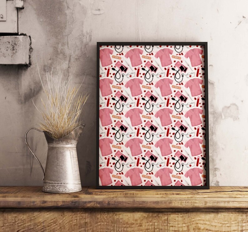 May include: A black framed print with a repeating pattern of pink scrubs, medical supplies, and red drops of blood. The print features a white background.