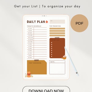 Könnte beinhalten: Eine digitale To-Do-Listen-Vorlage mit Herbstthema. Die Vorlage enthält einen Tagesplan, Top-Prioritäten, eine To-Do-Liste und einen Notizbereich. Die Vorlage ist in einem braunen und orangen Farbschema mit einem Ahornblatt und Kürbissen gestaltet.