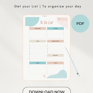 Könnte beinhalten: Eine digitale To-Do-Listenvorlage mit Abschnitten für den Tagesplan, Prioritäten, Aufgaben, Termine, Erinnerungen, Notizen und Ziele. Die Vorlage ist im minimalistischen Stil mit Pastellfarben und einer modernen Schriftart gestaltet. Der Text "To Do List" befindet sich oben auf der Vorlage.