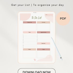 May include: A digital to-do list template in PDF format. The template is designed for organizing tasks, appointments, reminders, and goals. It features a calendar, sections for today's plan, priorities, tasks, appointments, reminders, notes, and goals.