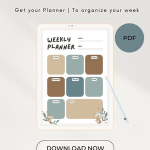 Könnte beinhalten: Ein digitaler Wochenplaner in Braun, Blau und Beige. Der Planer hat für jeden Wochentag einen Bereich mit Platz für Notizen. Der Planer ist mit Pilzen und Blättern verziert.