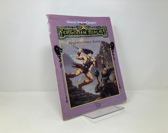 May include: A purple and gold book cover with the title "Forgotten Realms" and the subtitle "Nightmare Keep" by Rick Swan. The cover features an illustration of a muscular man in a loincloth wielding a spear, leaping over a rocky terrain.