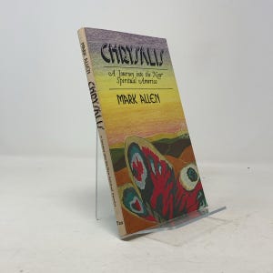 May include: A paperback book titled "Chrysalis: A Journey into the New Spiritual America" by Mark Allen. The cover features a butterfly illustration with red, brown, and teal colors against a yellow and orange background. The book is displayed on a clear stand.