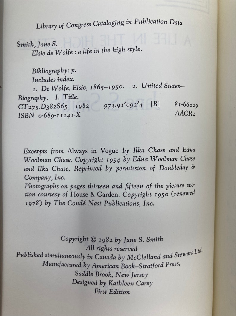 Elsie de Wolfe by Jane S. Smith HC Hardcover 1st First VG Very Good 1982 105448 image 2