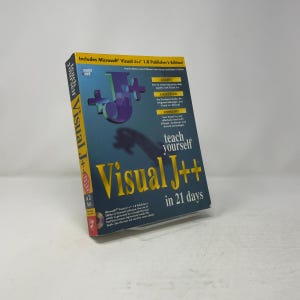 May include: A softcover instructional book titled Teach Yourself Visual J++ in 21 Days. The cover is dark blue with large yellow text, a purple J++ logo, and includes a Sams.net logo. It mentions Microsoft Visual J++ 1.0 Publisher's Edition.