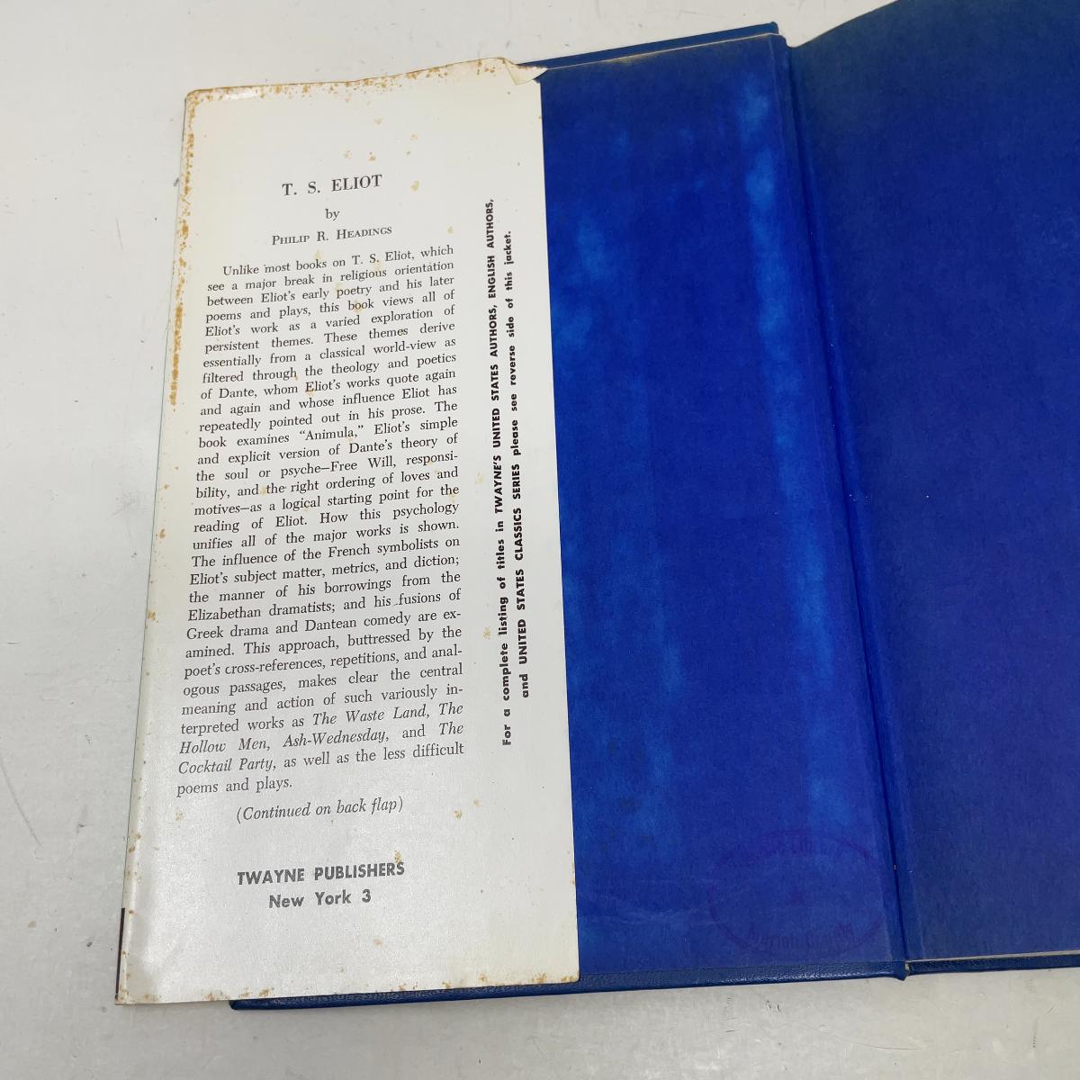 T.S. Eliot by Philip R. Headings HC First Edition Hardcover Very