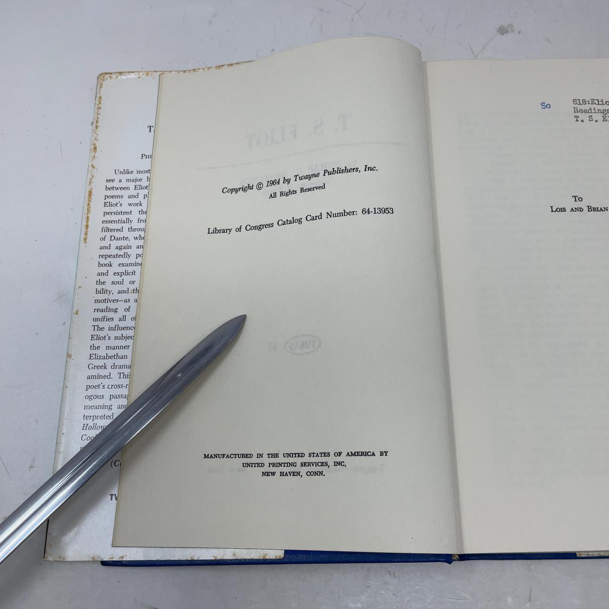 T.S. Eliot by Philip R. Headings HC First Edition Hardcover Very
