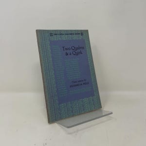 May include: A softcover book titled Two Qualms & a Quirk, Three stories by RICHARD de MILLE, part of the Capra Chapbook Series. The cover features a teal and blue patterned border surrounding a central purple rectangle with dark blue text.