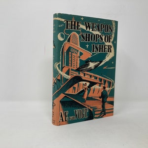 May include: A vintage paperback book cover with a green background and a futuristic illustration of a building with a flying saucer. The title is "The Weapon Shops of Isher" by A.E. van Vogt.