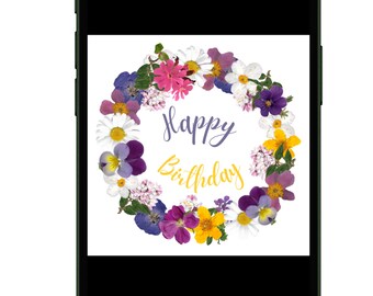 Animated E-card Pressed Flowers Happy Birthday
